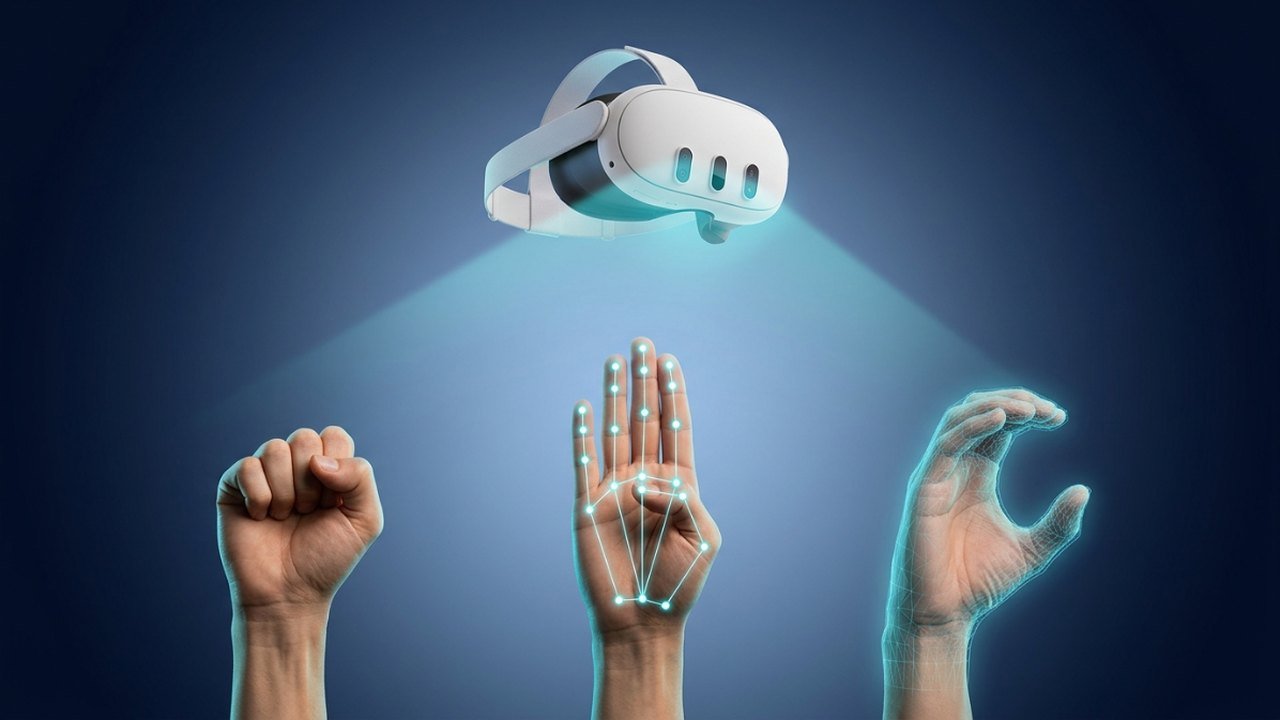 An XR headset projecting light onto three hands forming sign language gestures