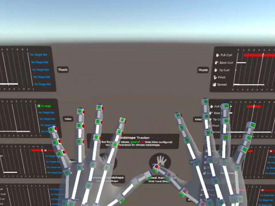 Two hands rendered as tracked skeletons with joint markers in the SignComm tracking view